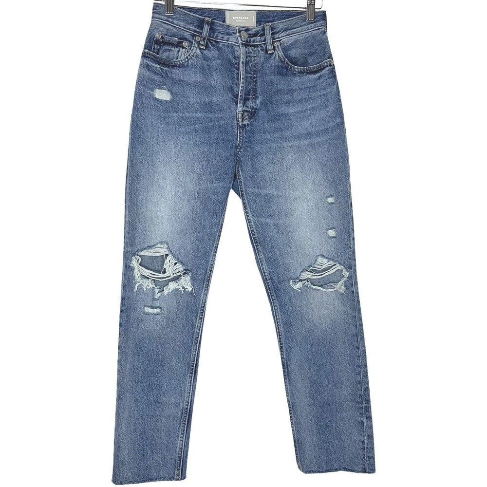 Everlane The Cheeky Jean Women 25 Medium Blue High Rise Raw Hem Crop Distressed